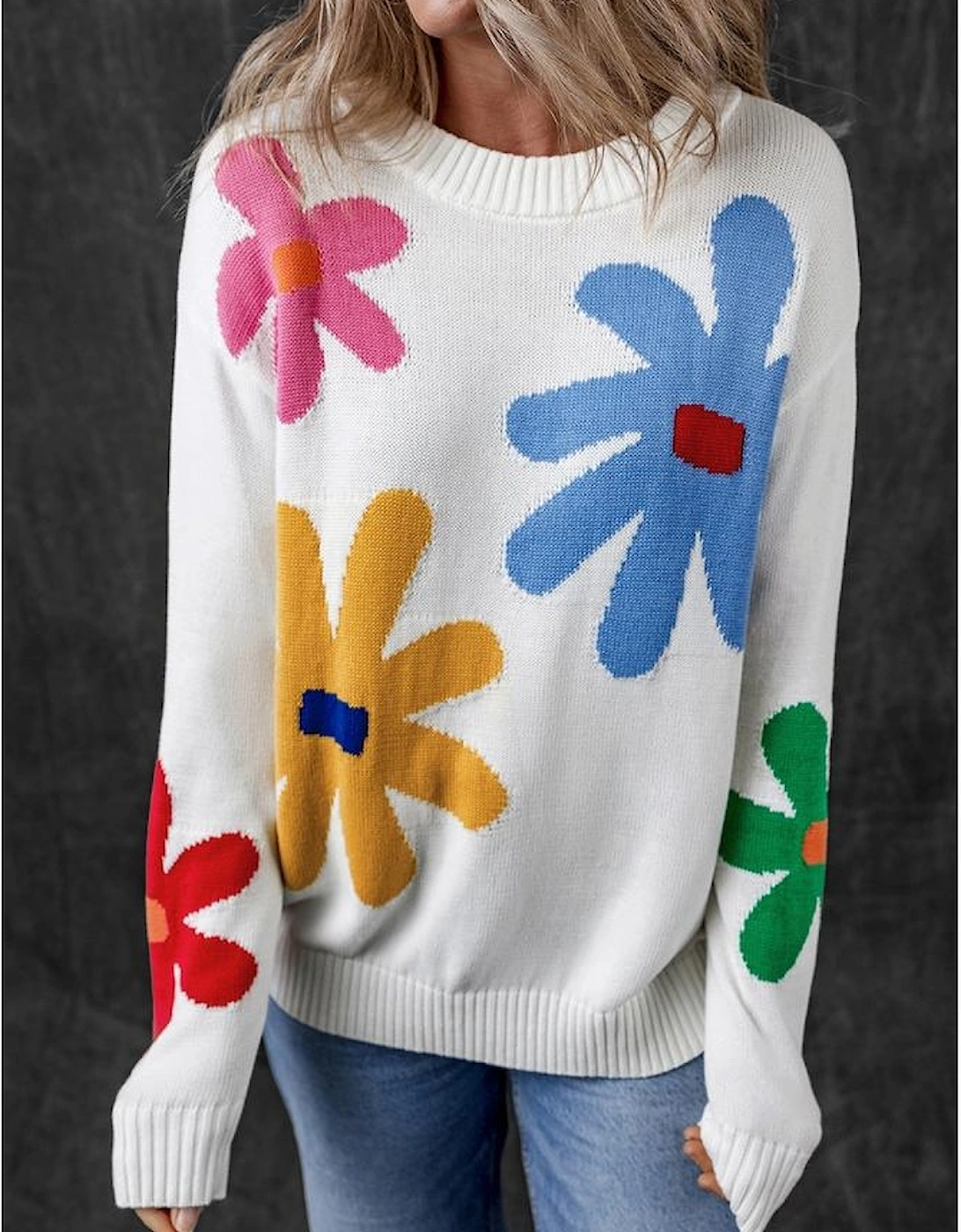 White Colorful Big Flower Pattern Crewneck Sweater