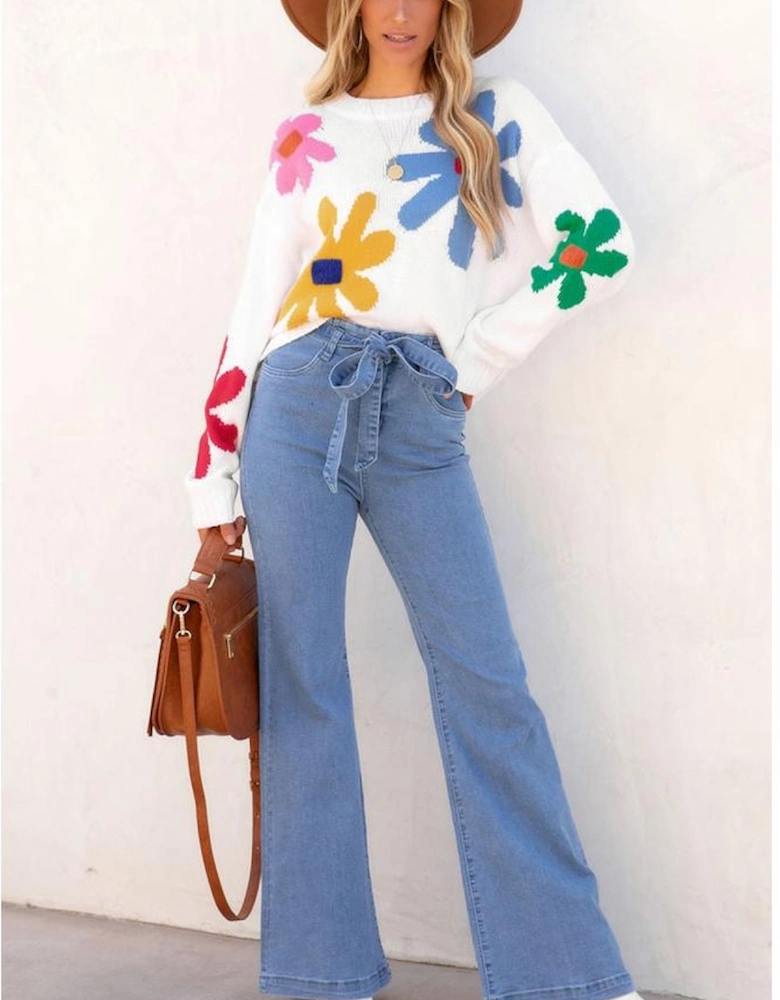 White Colorful Big Flower Pattern Crewneck Sweater