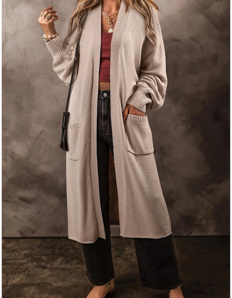 Beige Side Pockets Open Front Long Knitted Cardigan