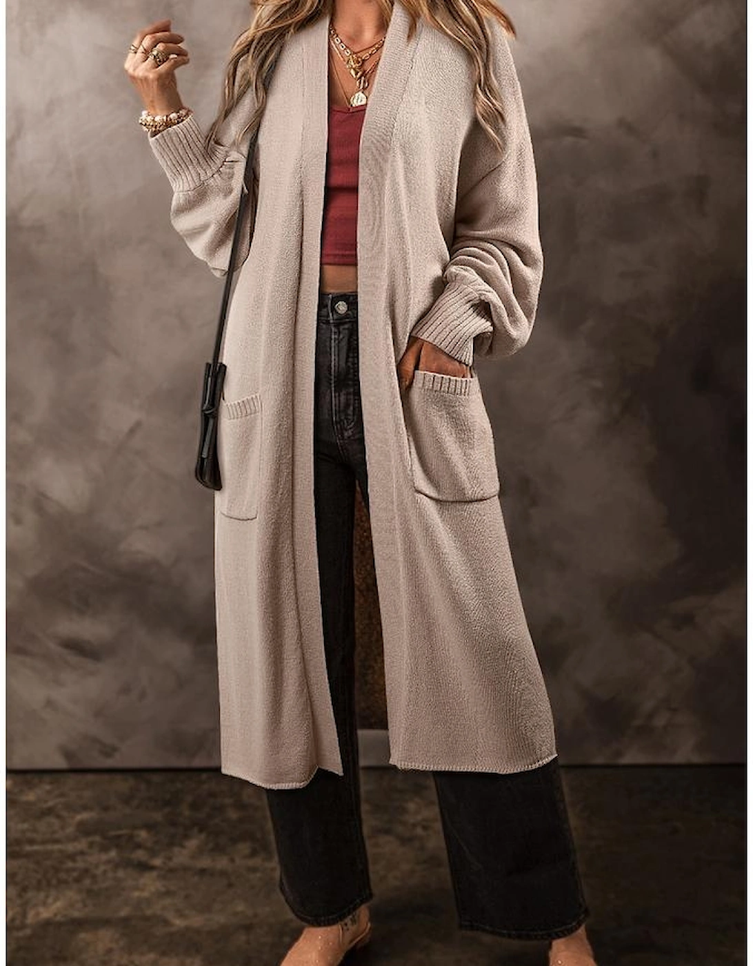 Beige Side Pockets Open Front Long Knitted Cardigan