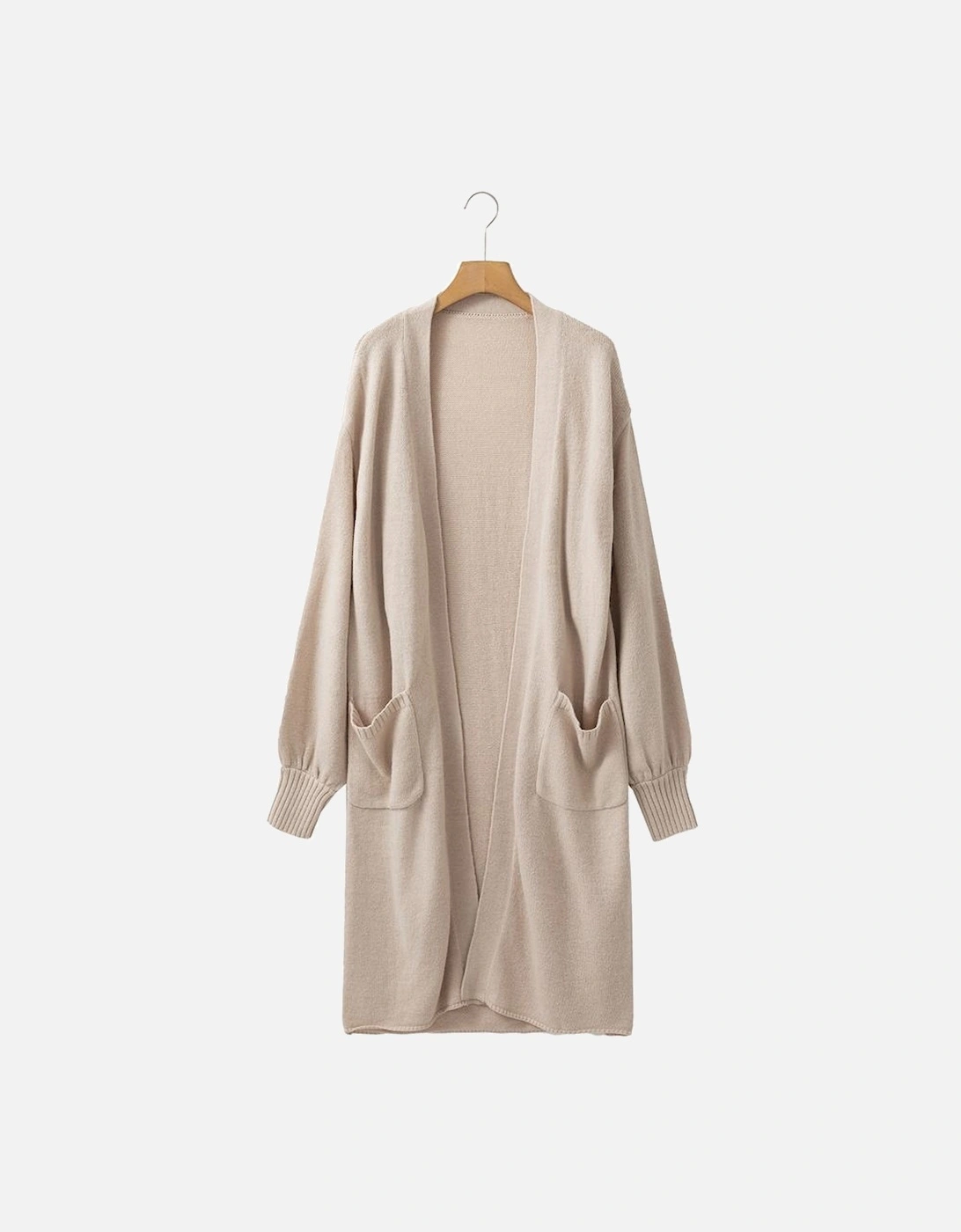 Beige Side Pockets Open Front Long Knitted Cardigan