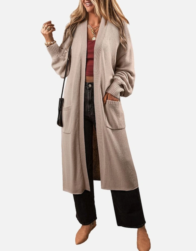 Beige Side Pockets Open Front Long Knitted Cardigan