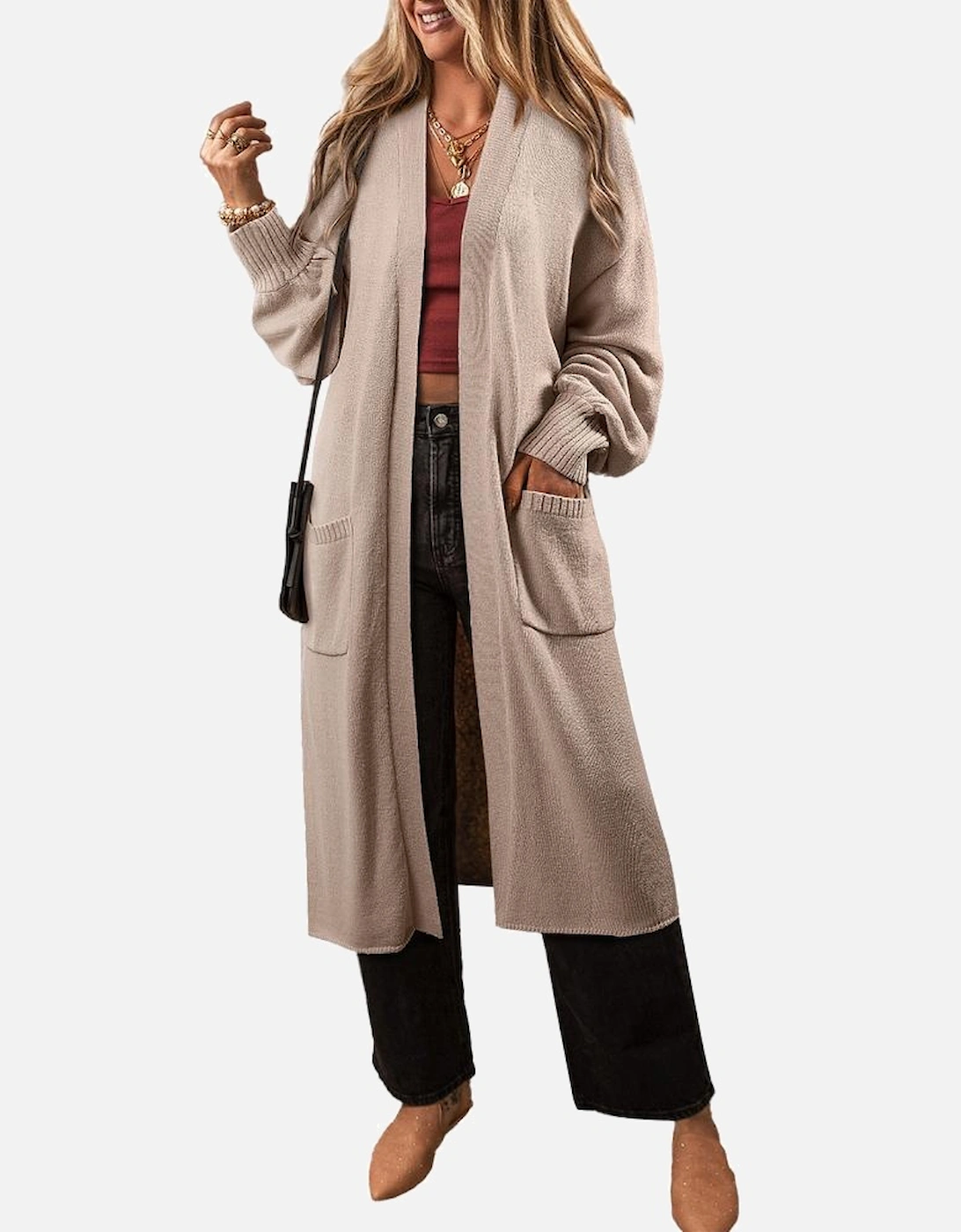 Beige Side Pockets Open Front Long Knitted Cardigan