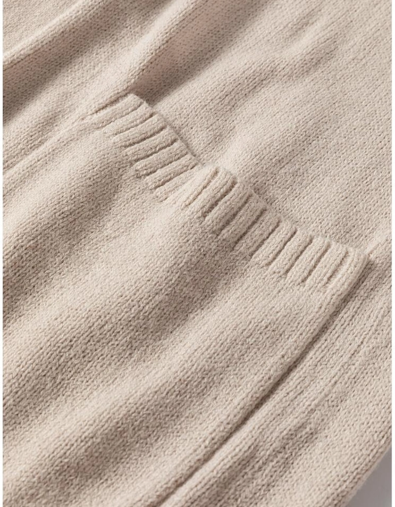 Beige Side Pockets Open Front Long Knitted Cardigan