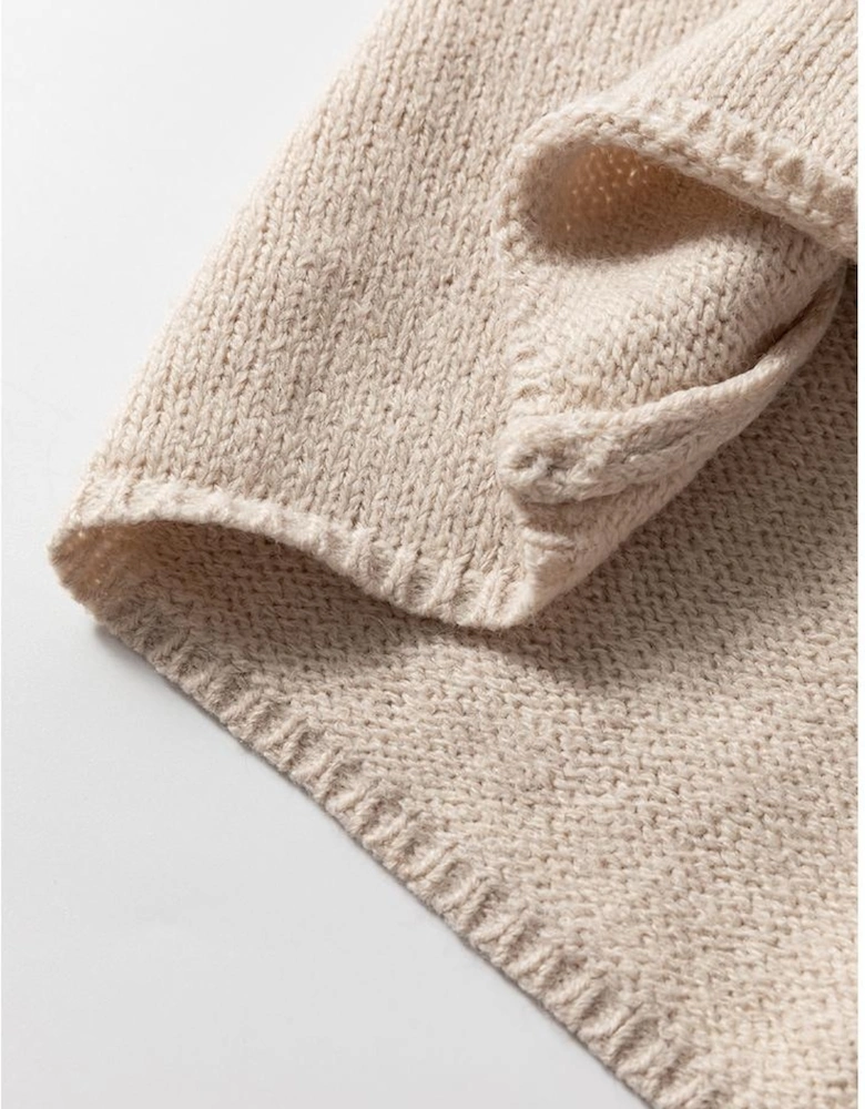 Beige Side Pockets Open Front Long Knitted Cardigan