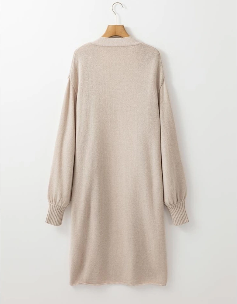 Beige Side Pockets Open Front Long Knitted Cardigan