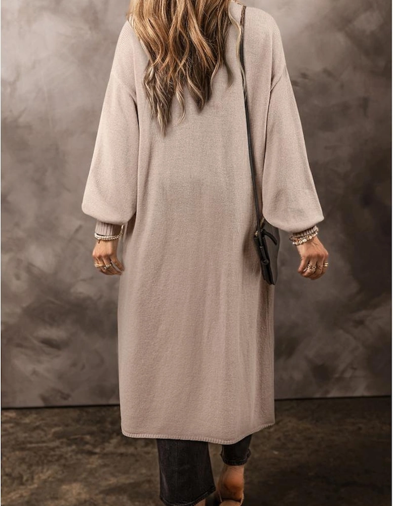 Beige Side Pockets Open Front Long Knitted Cardigan