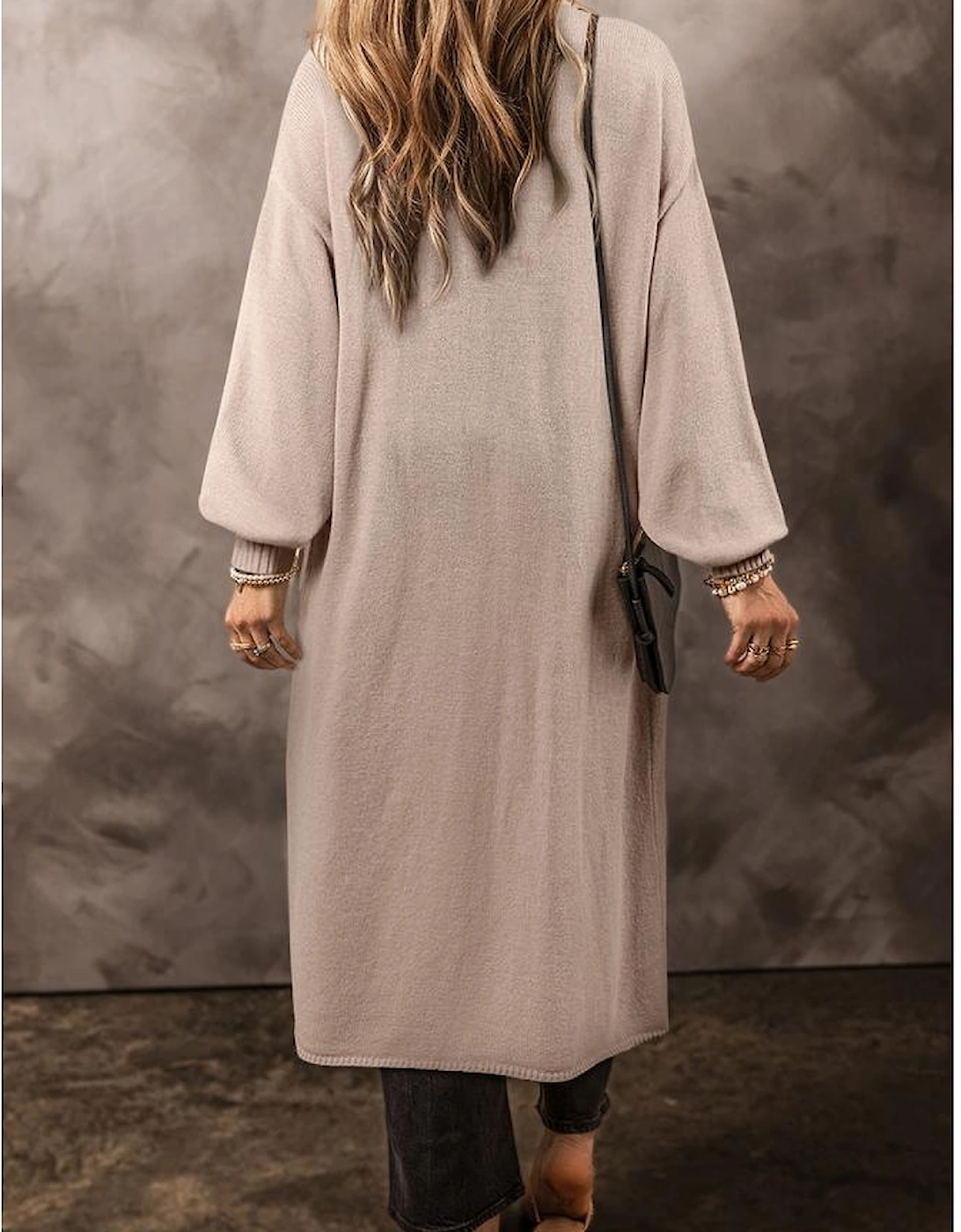 Beige Side Pockets Open Front Long Knitted Cardigan
