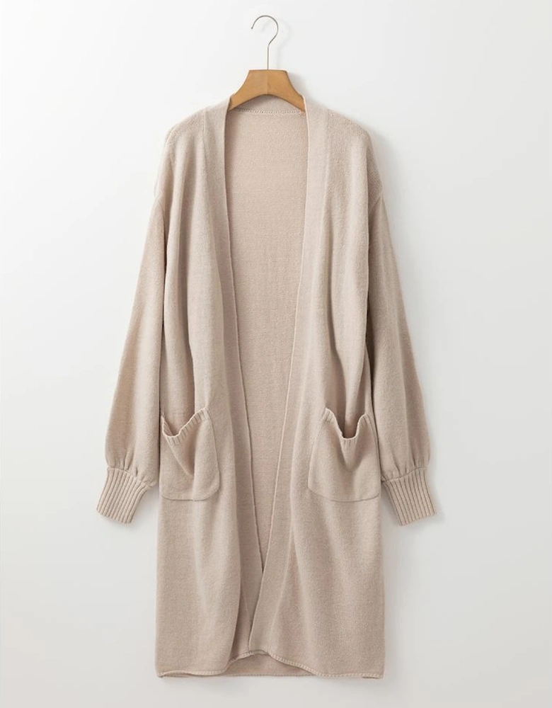 Beige Side Pockets Open Front Long Knitted Cardigan