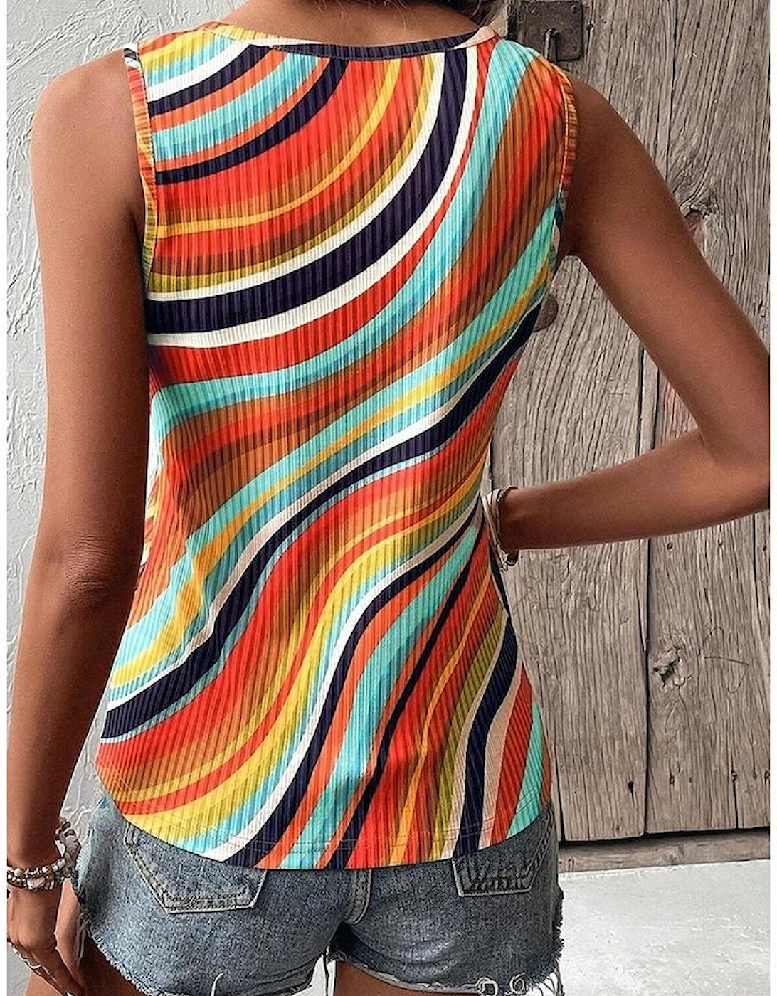 Multicolour Wavy Striped Buttoned V Neck Tank Top