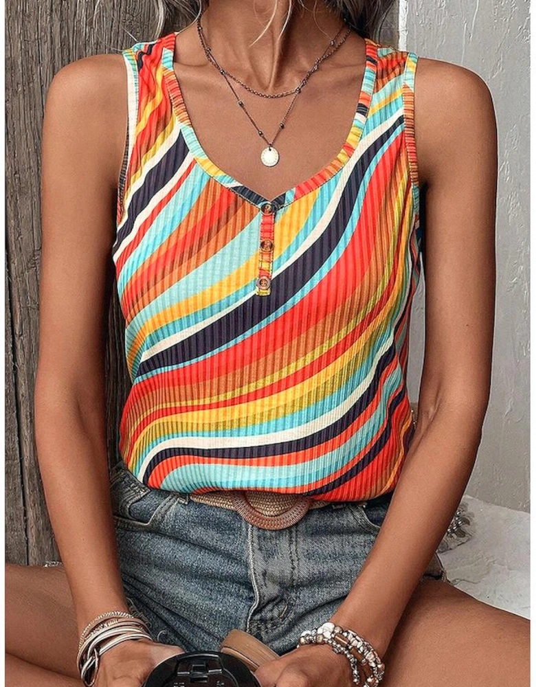 Multicolour Wavy Striped Buttoned V Neck Tank Top