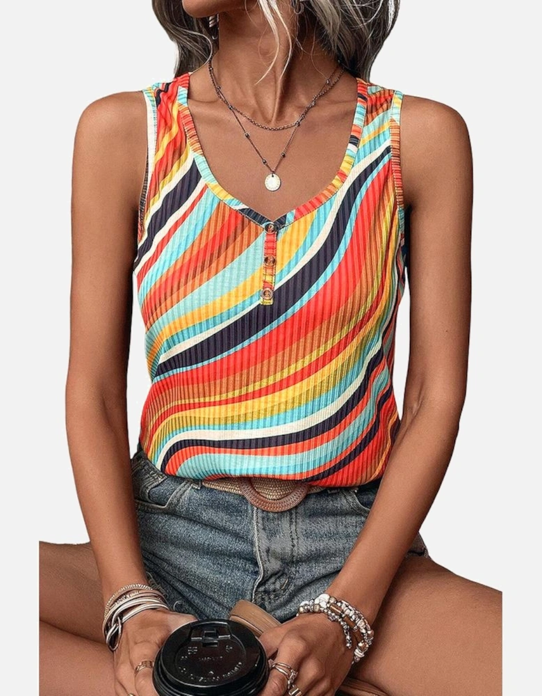 Multicolour Wavy Striped Buttoned V Neck Tank Top