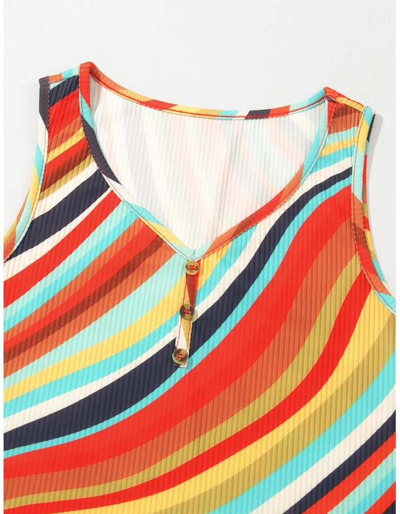 Multicolour Wavy Striped Buttoned V Neck Tank Top