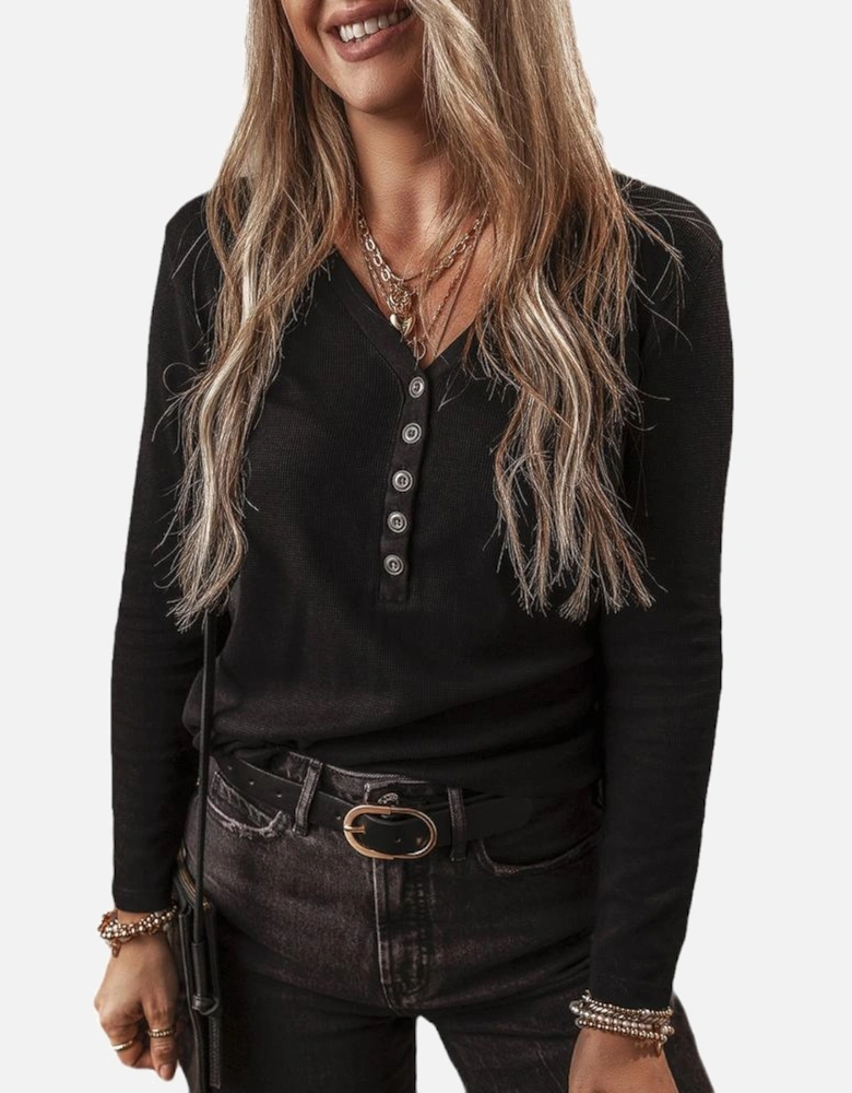 Black Buttoned V Neck Long Sleeve Ribbed Top