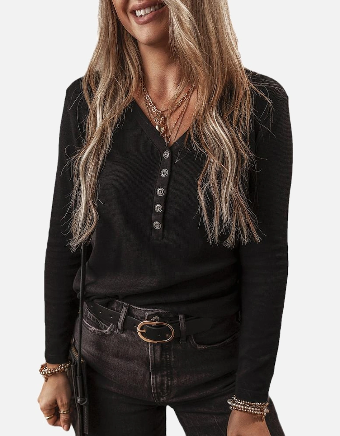 Black Buttoned V Neck Long Sleeve Ribbed Top