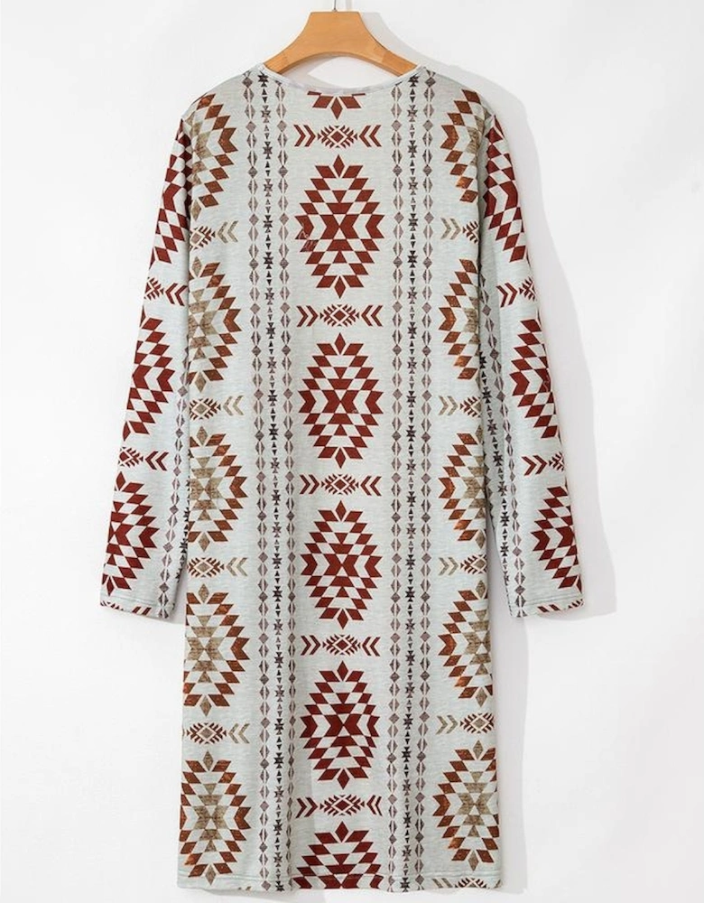 Brown Western Aztec Printed Open Front Long Cardigan