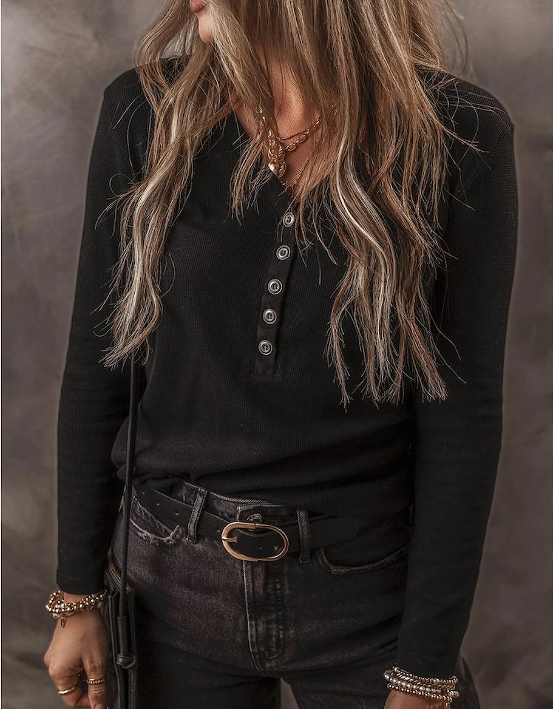 Black Buttoned V Neck Long Sleeve Ribbed Top