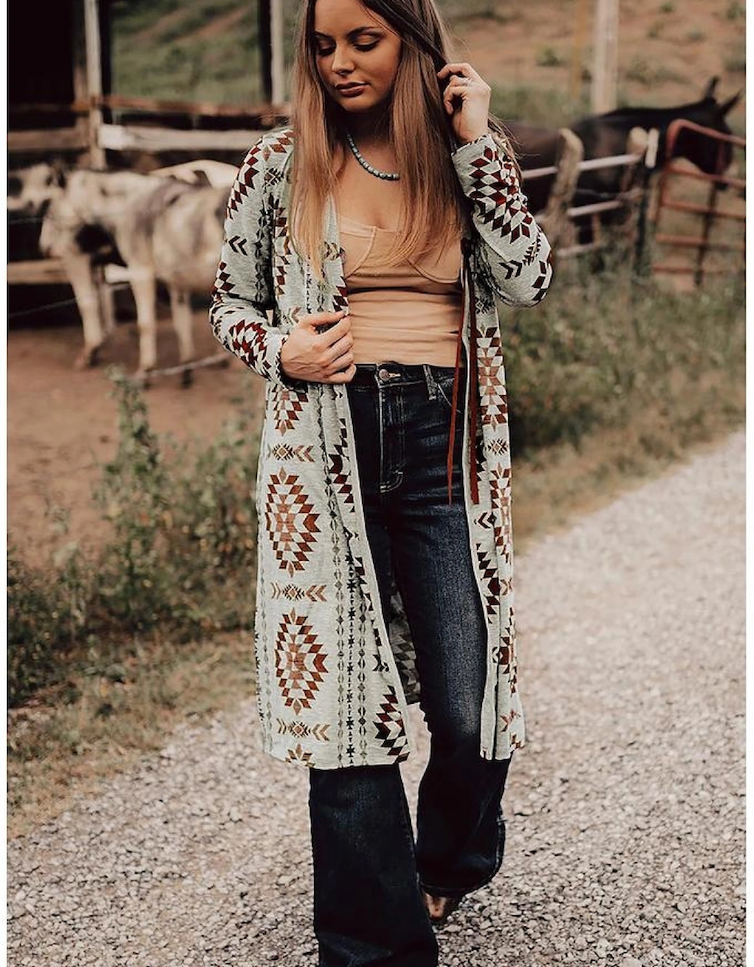 Brown Western Aztec Printed Open Front Long Cardigan