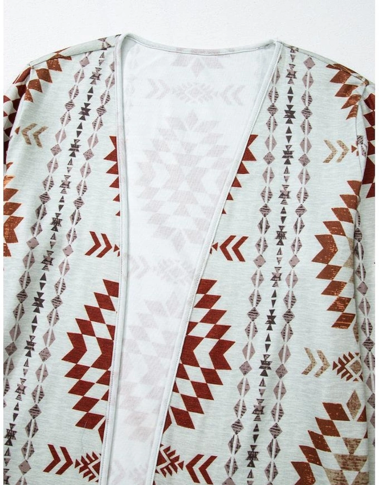 Brown Western Aztec Printed Open Front Long Cardigan
