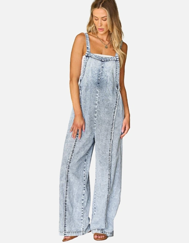 Beau Blue Light Wash Frayed Exposed Seam Wide Leg Denim Overall
