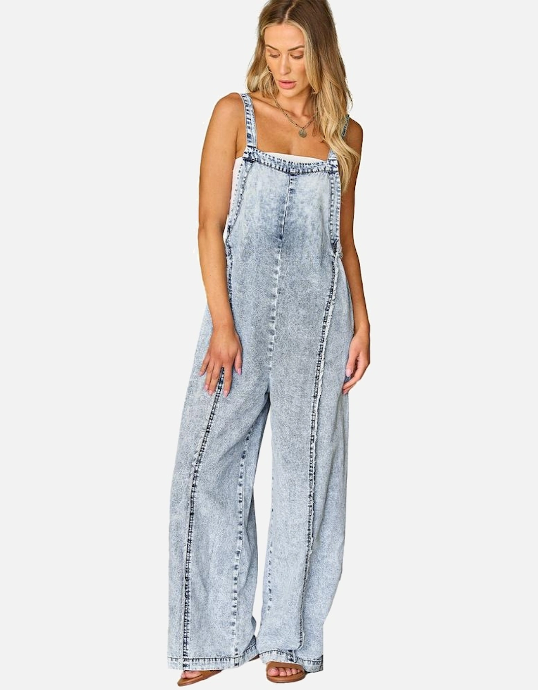 Beau Blue Light Wash Frayed Exposed Seam Wide Leg Denim Overall