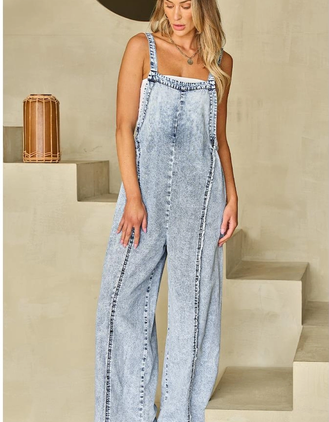 Beau Blue Light Wash Frayed Exposed Seam Wide Leg Denim Overall