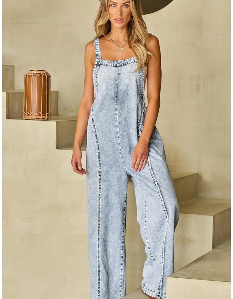 Beau Blue Light Wash Frayed Exposed Seam Wide Leg Denim Overall