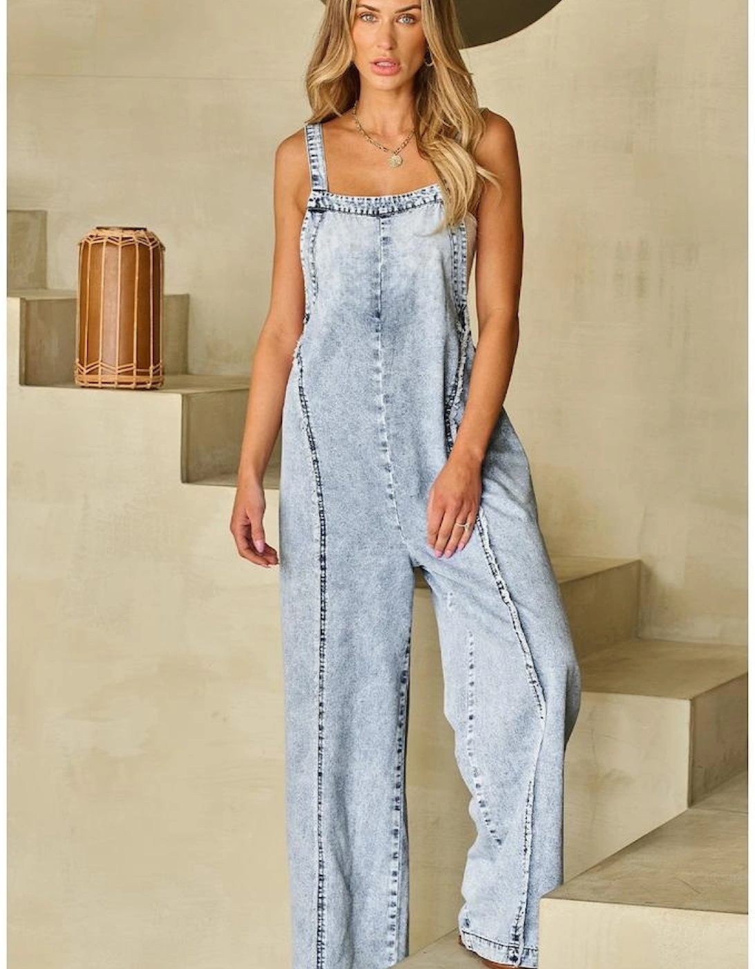 Beau Blue Light Wash Frayed Exposed Seam Wide Leg Denim Overall, 8 of 7