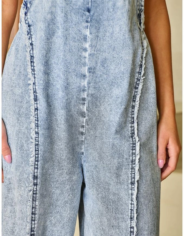 Beau Blue Light Wash Frayed Exposed Seam Wide Leg Denim Overall