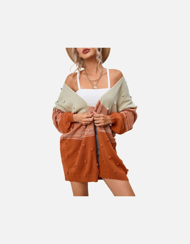 Brown Pompom Color Block Open Front Cardigan