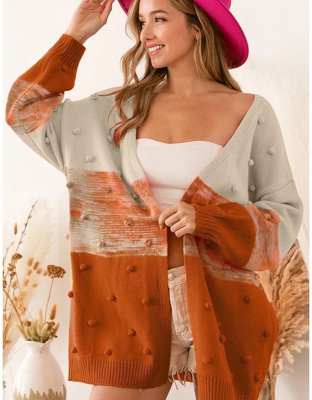 Brown Pompom Color Block Open Front Cardigan