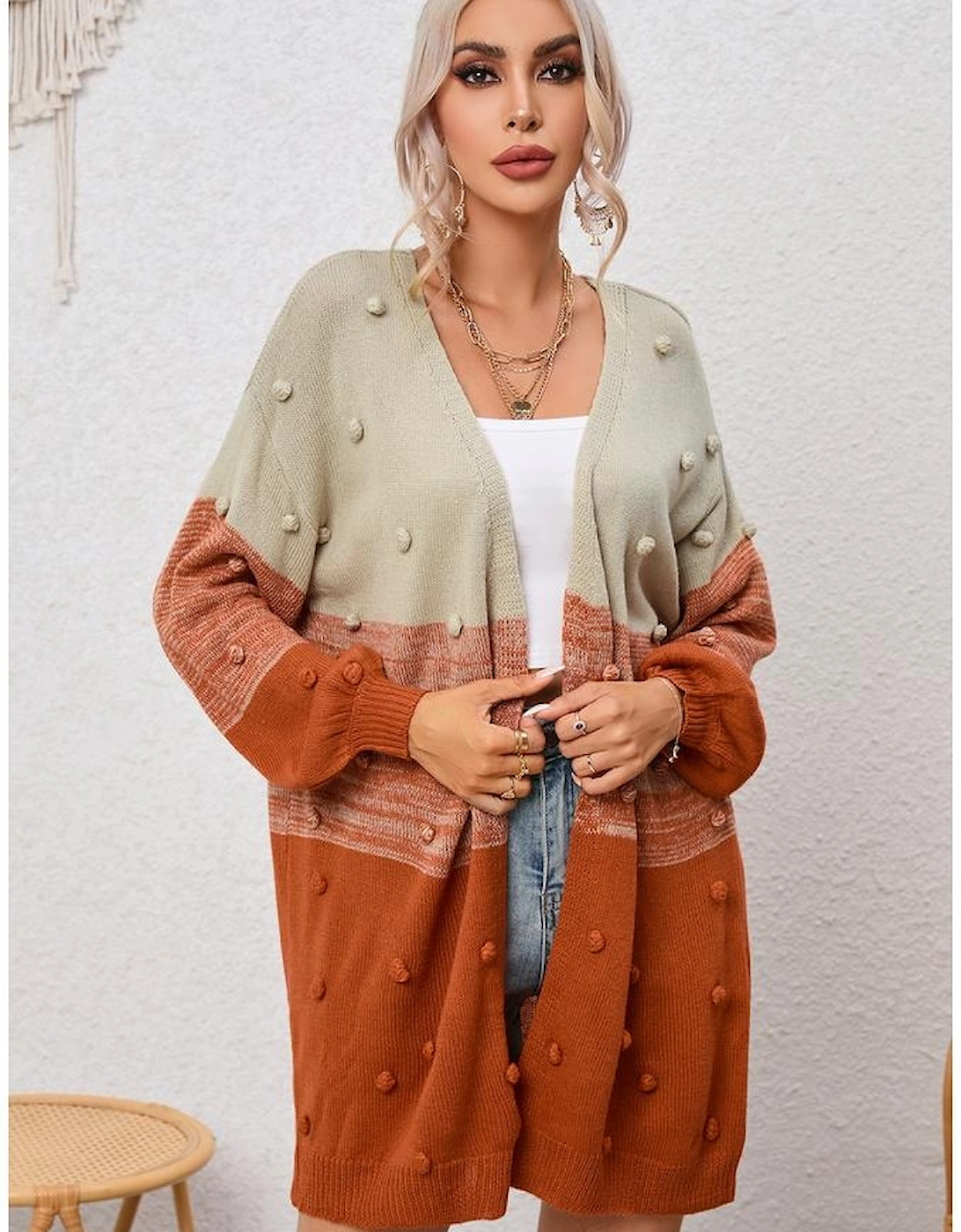 Brown Pompom Color Block Open Front Cardigan