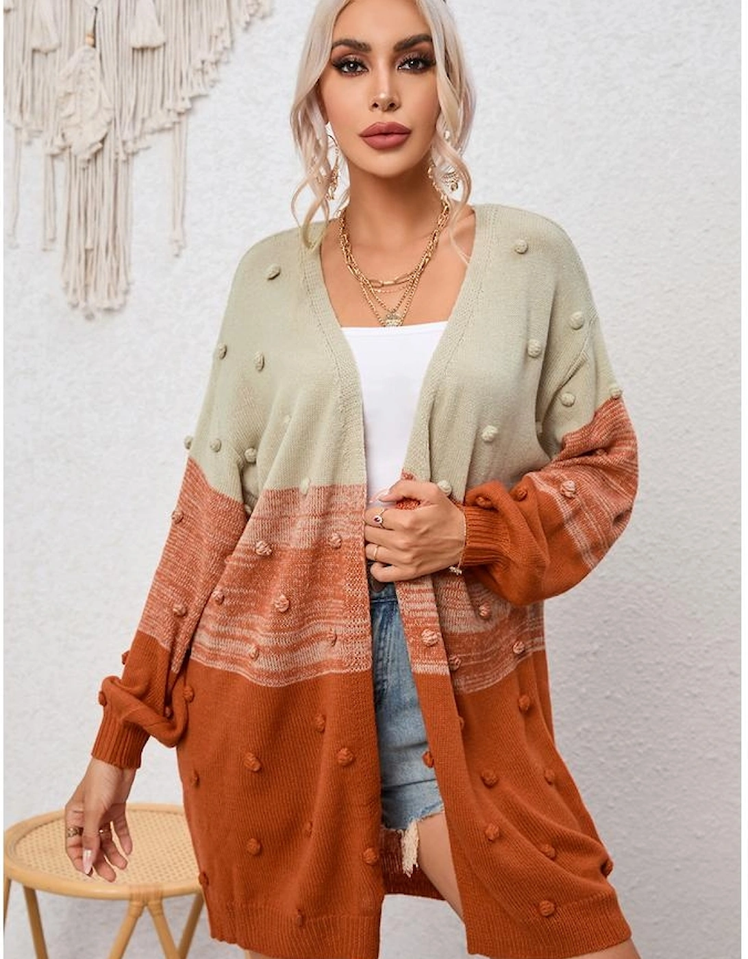 Brown Pompom Color Block Open Front Cardigan