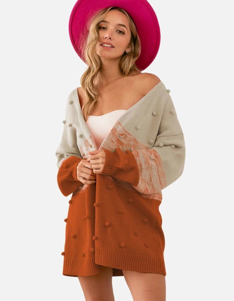 Brown Pompom Color Block Open Front Cardigan