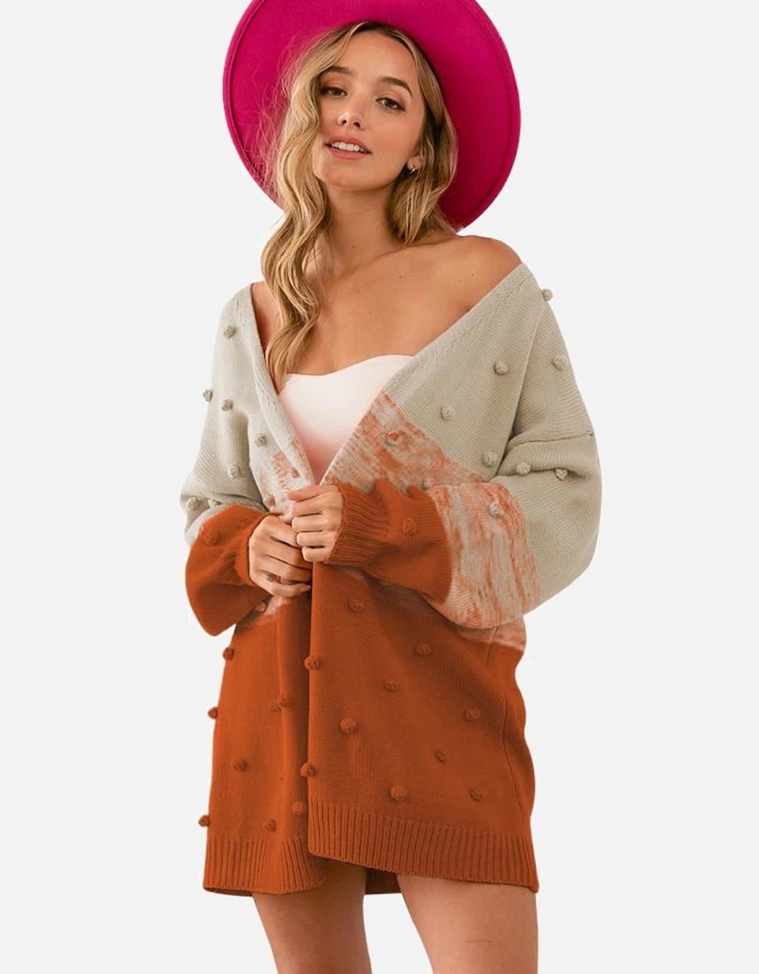 Brown Pompom Color Block Open Front Cardigan