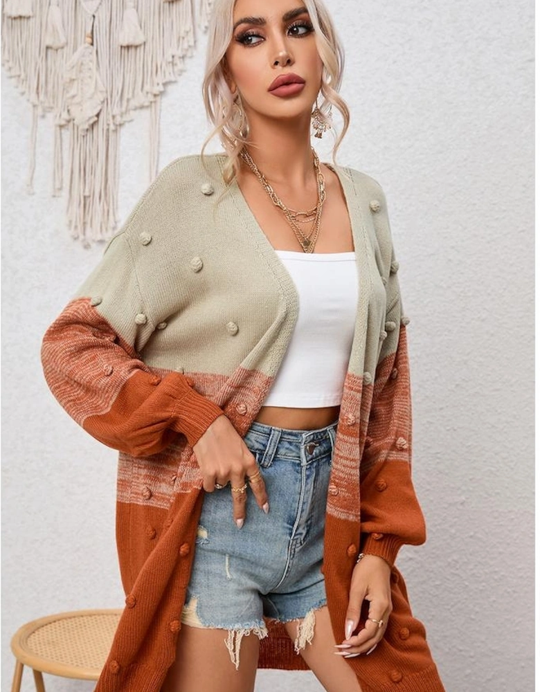 Brown Pompom Color Block Open Front Cardigan
