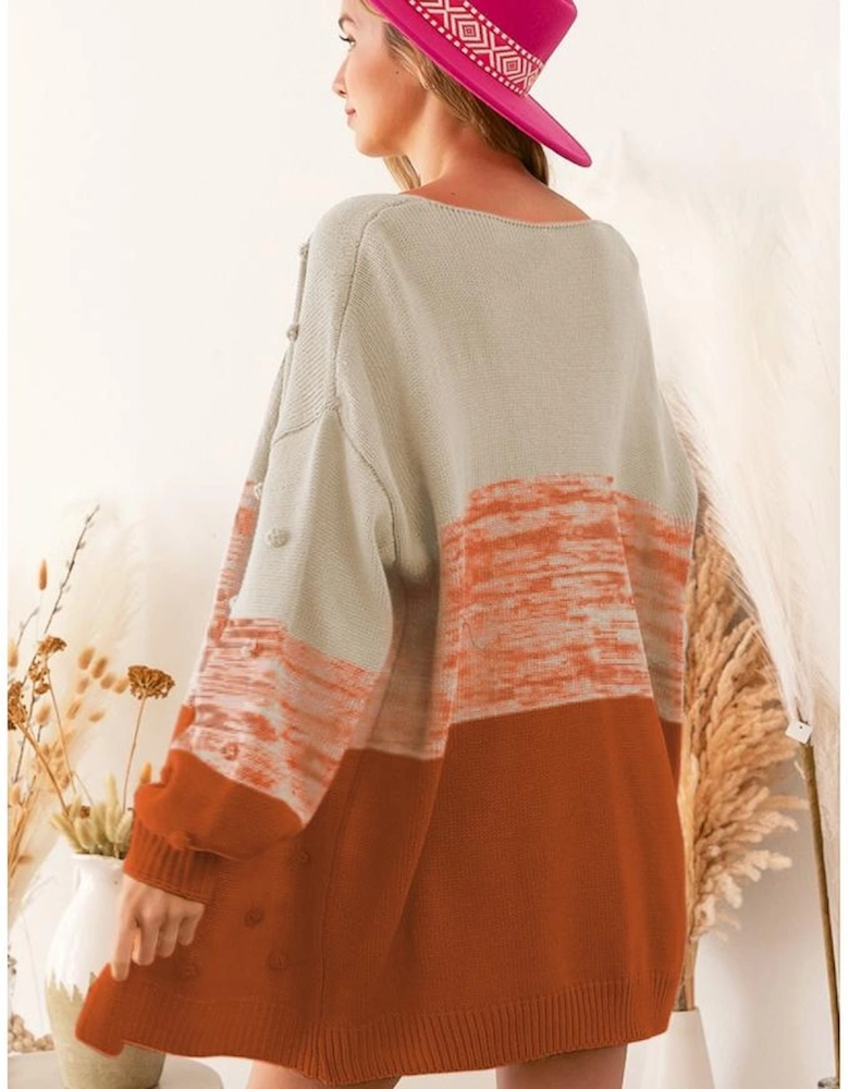 Brown Pompom Color Block Open Front Cardigan