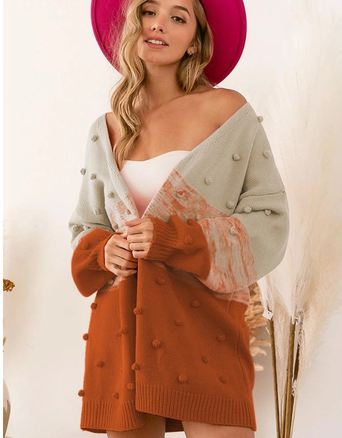 Brown Pompom Color Block Open Front Cardigan
