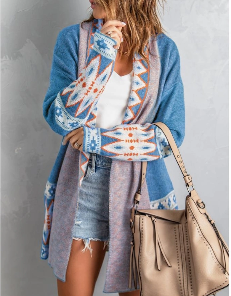 Blue Aztec Print Open Front Knitted Cardigan