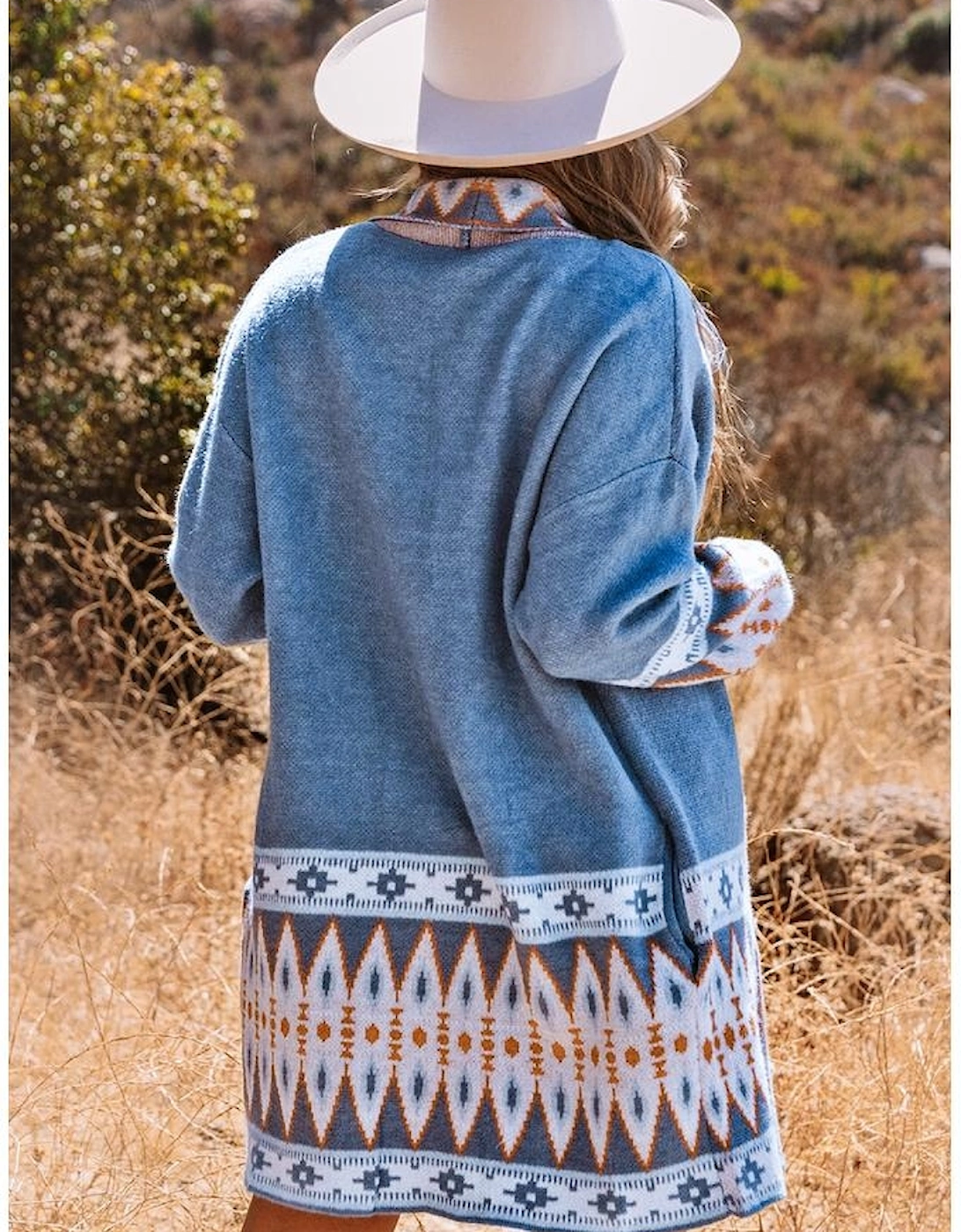 Blue Aztec Print Open Front Knitted Cardigan, 16 of 15