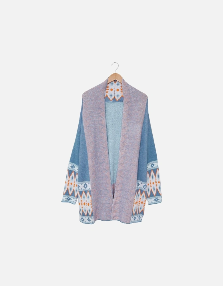 Blue Aztec Print Open Front Knitted Cardigan