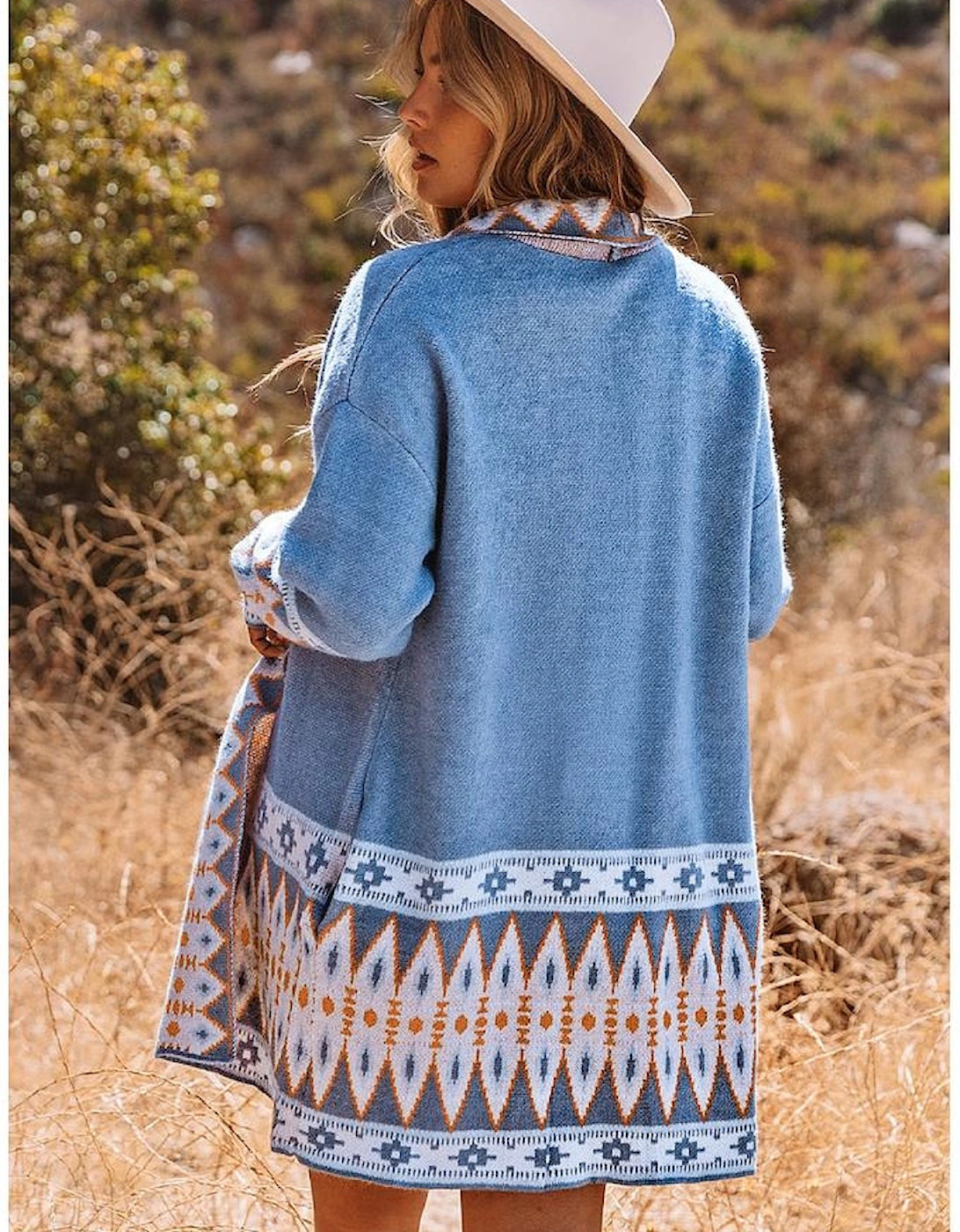 Blue Aztec Print Open Front Knitted Cardigan
