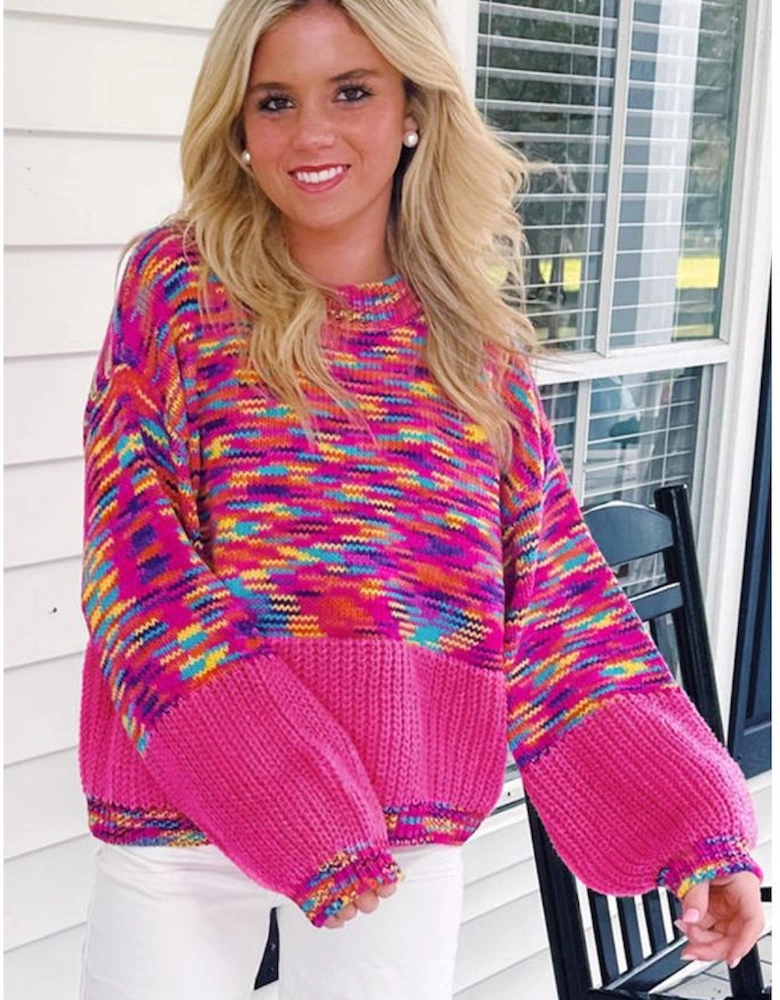 Bright Pink Rainbow Confetti Drop Shoulder Sweater