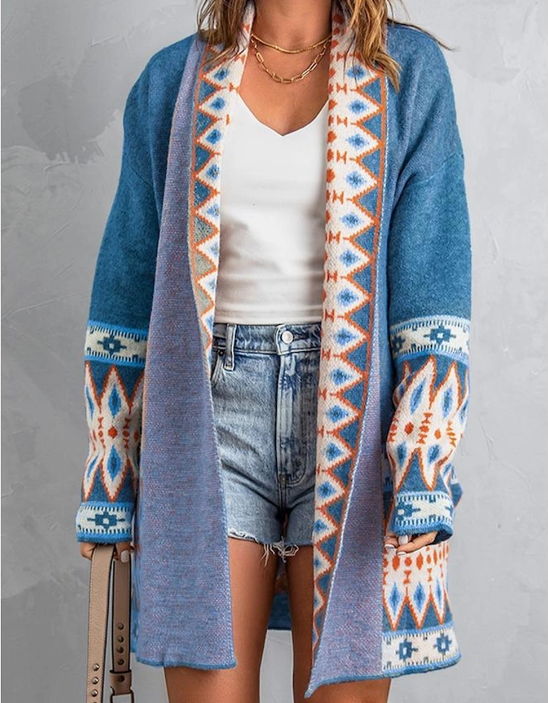 Blue Aztec Print Open Front Knitted Cardigan