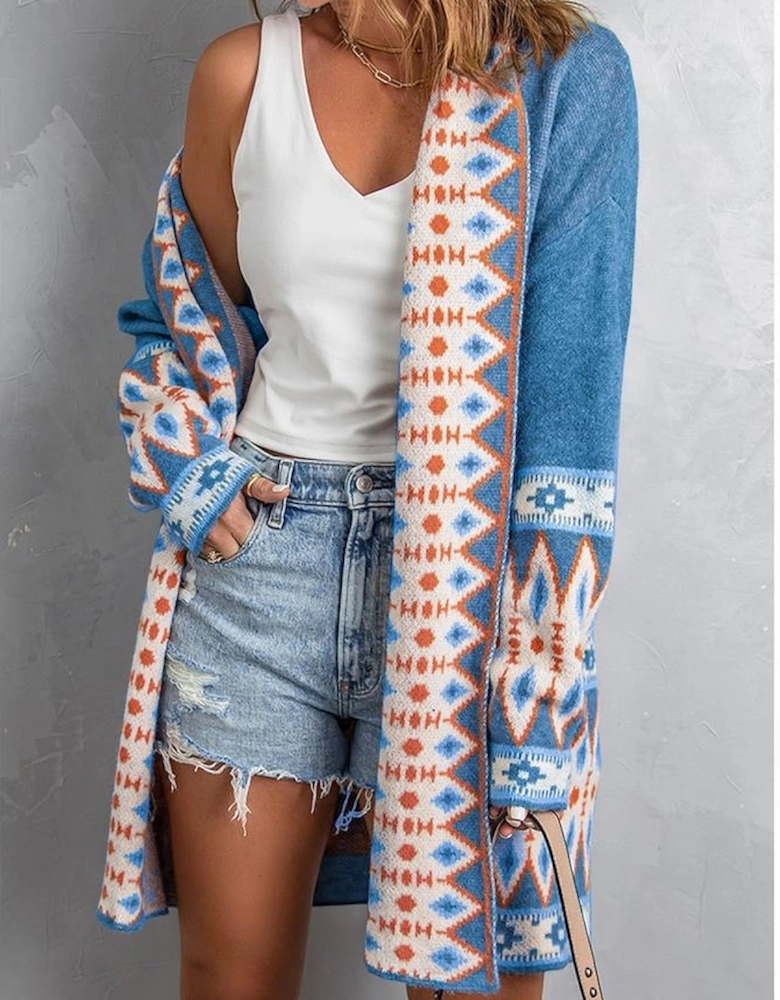 Blue Aztec Print Open Front Knitted Cardigan
