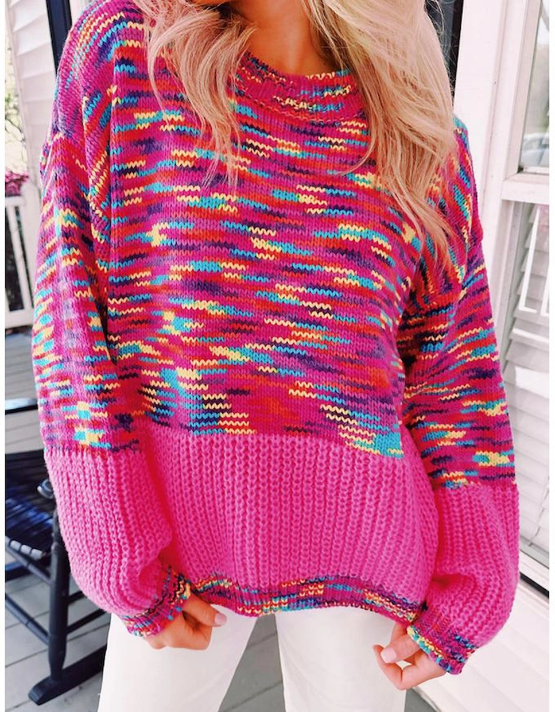 Bright Pink Rainbow Confetti Drop Shoulder Sweater