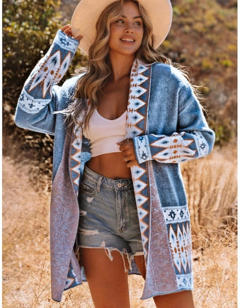 Blue Aztec Print Open Front Knitted Cardigan