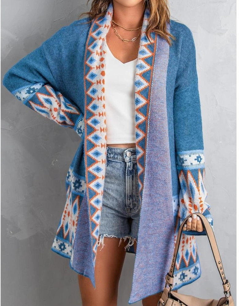 Blue Aztec Print Open Front Knitted Cardigan