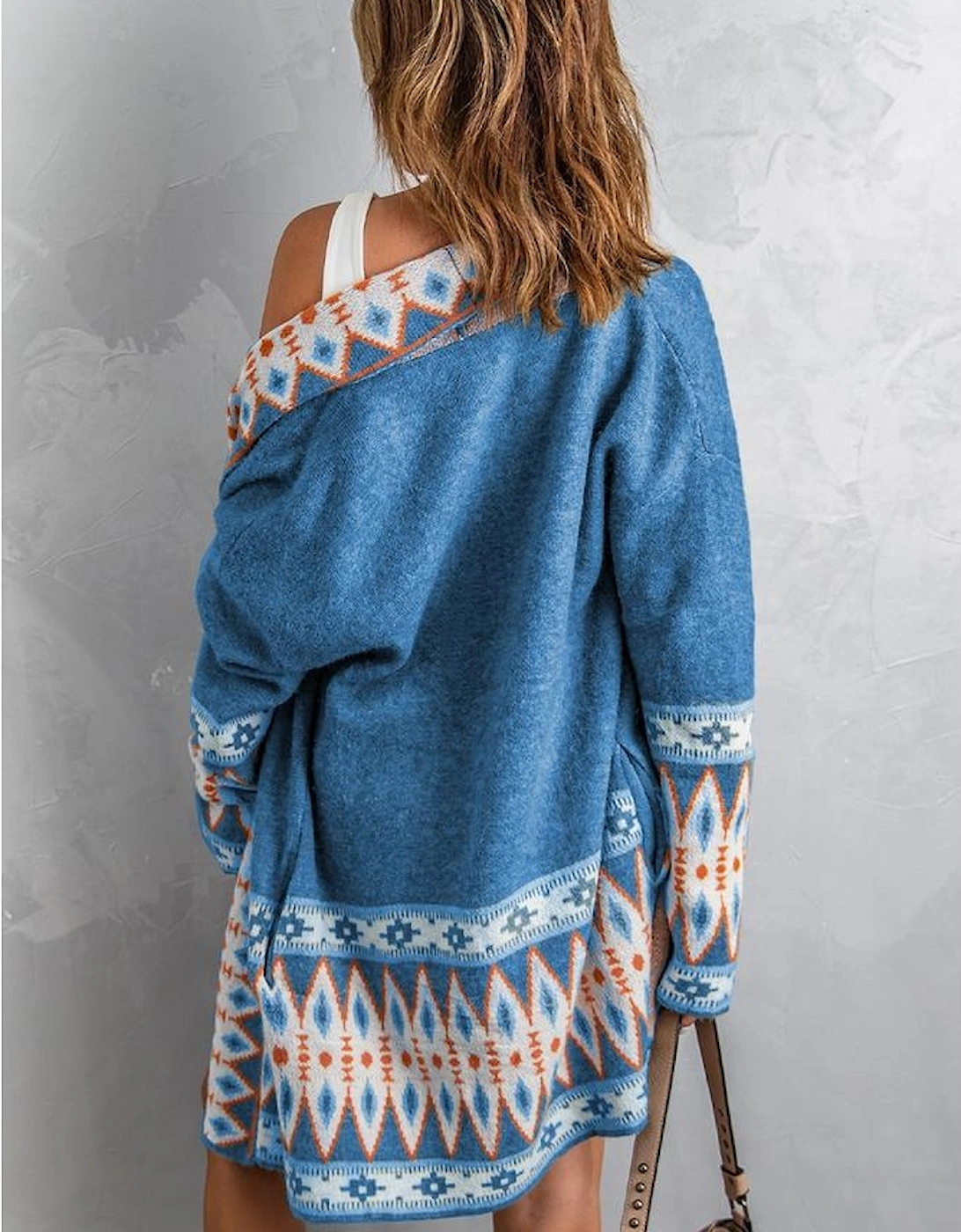 Blue Aztec Print Open Front Knitted Cardigan