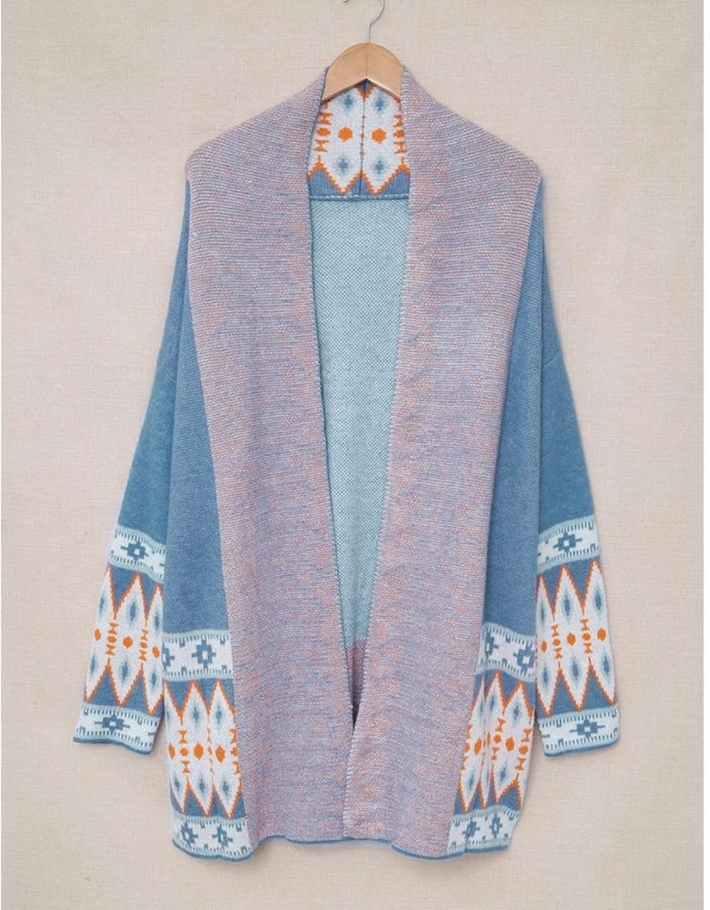 Blue Aztec Print Open Front Knitted Cardigan